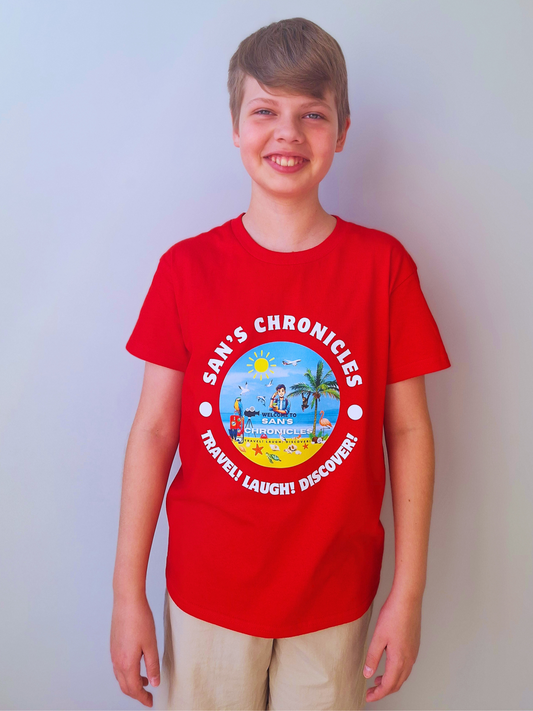 San’s Chronicles™ Official T-Shirt – Wear the Adventure! 🎉👕 Red
